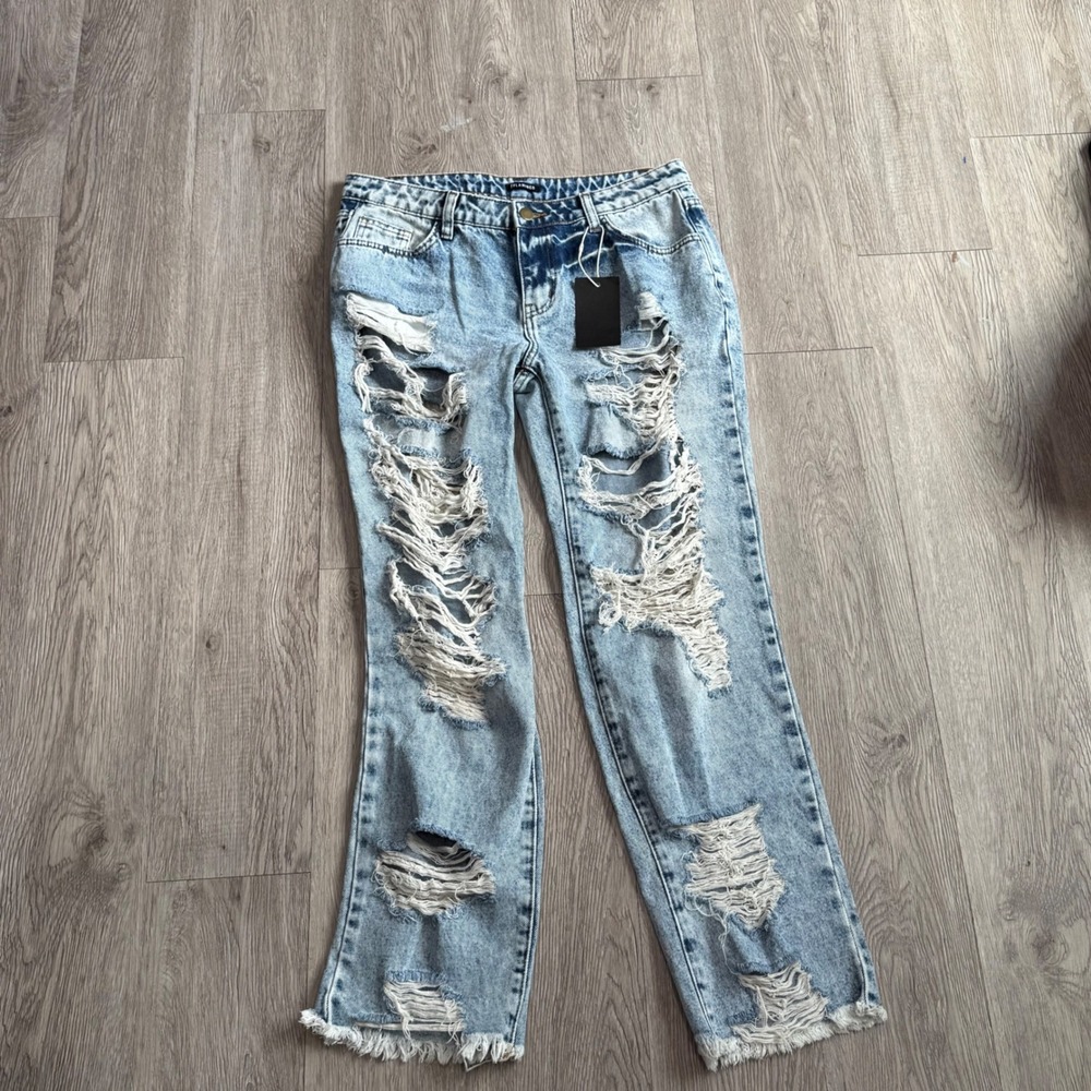 Flamingo Light Wash Heavily Distressed Shredded Straight Leg Jeans Size M NEW